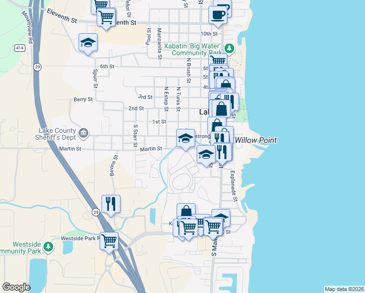map of restaurants, bars, coffee shops, grocery stores, and more near 490 Martin Street in Lakeport