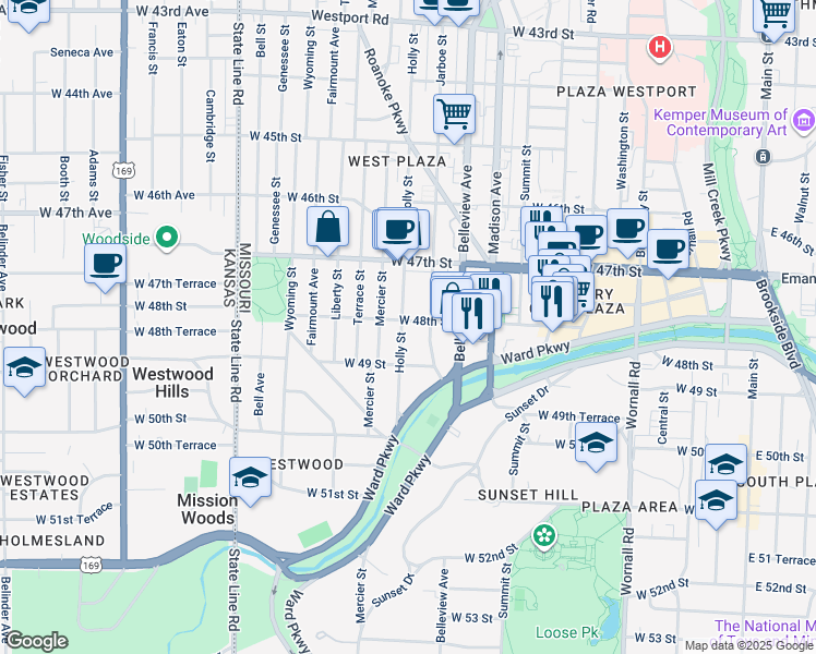 map of restaurants, bars, coffee shops, grocery stores, and more near 4805 Holly Street in Kansas City