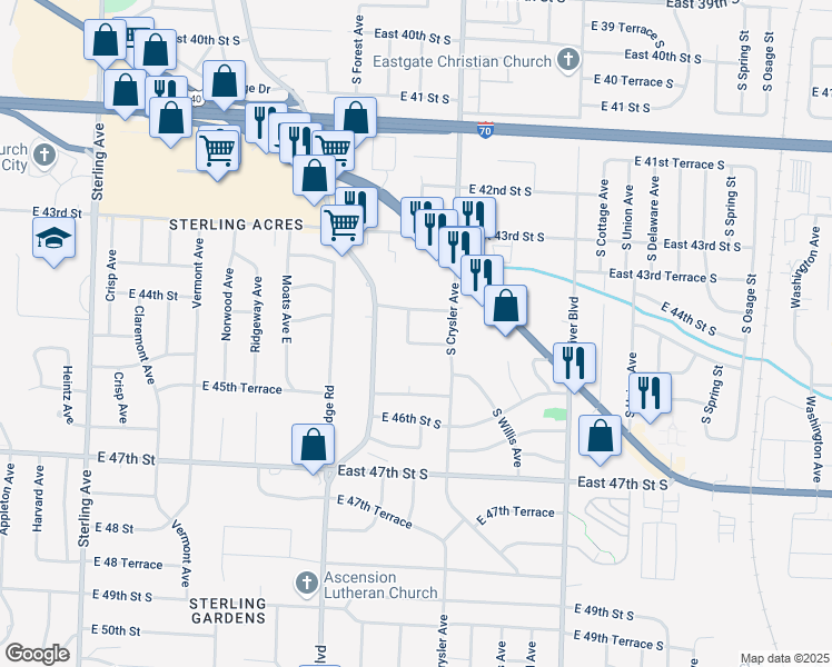 map of restaurants, bars, coffee shops, grocery stores, and more near 4425 Larson Avenue in Kansas City