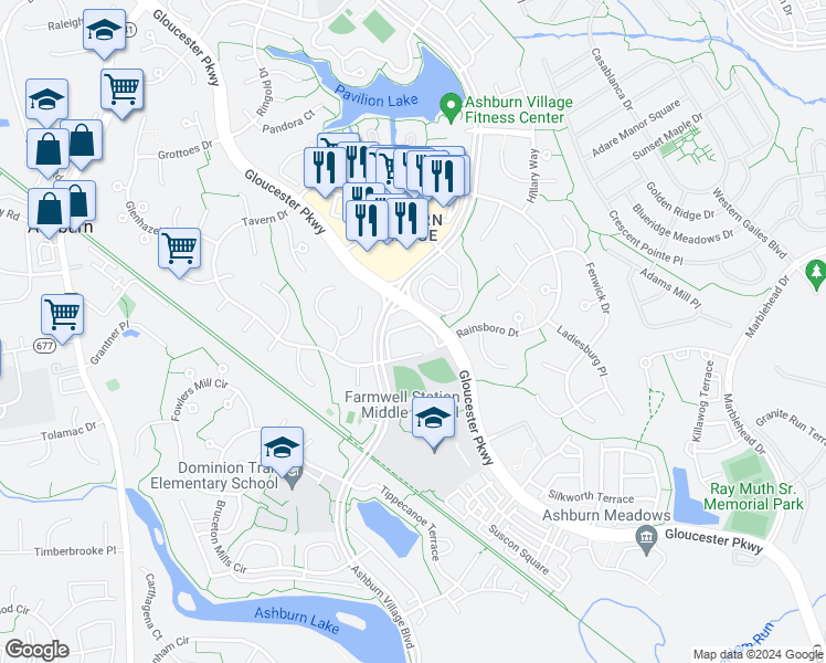 map of restaurants, bars, coffee shops, grocery stores, and more near 44151 Allderwood Terrace in Ashburn