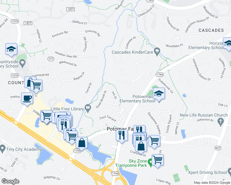 map of restaurants, bars, coffee shops, grocery stores, and more near 20784 Iris Drive in Sterling