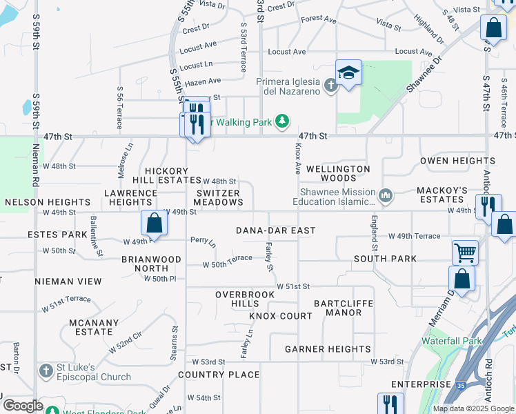 map of restaurants, bars, coffee shops, grocery stores, and more near 4811 Wedd Street in Shawnee