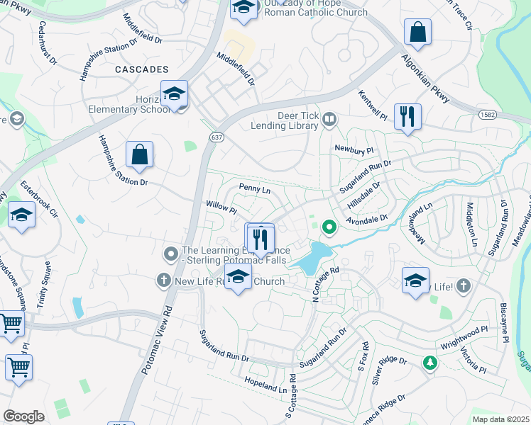 map of restaurants, bars, coffee shops, grocery stores, and more near 17 Crescent Court in Sterling