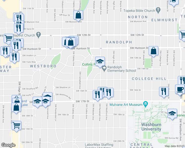 map of restaurants, bars, coffee shops, grocery stores, and more near 1422 Southwest Collins Avenue in Topeka