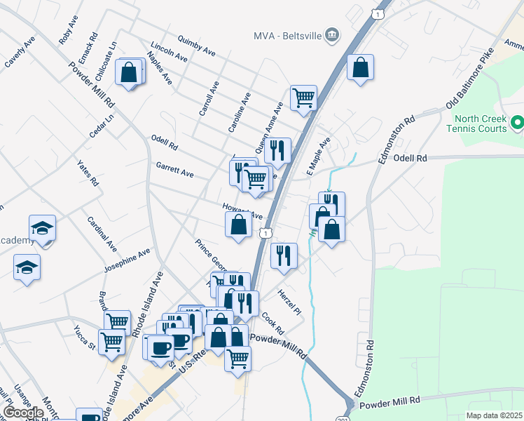 map of restaurants, bars, coffee shops, grocery stores, and more near 11400 Baltimore Avenue in Beltsville