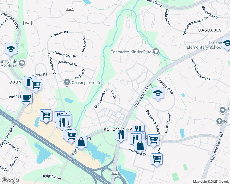 map of restaurants, bars, coffee shops, grocery stores, and more near 20784 Iris Drive in Sterling