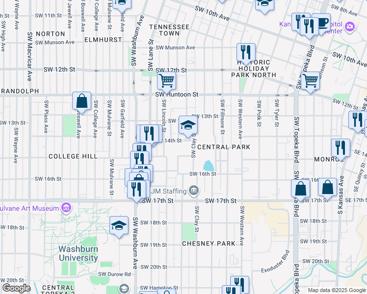 map of restaurants, bars, coffee shops, grocery stores, and more near 1125 Southwest 14th Street in Topeka