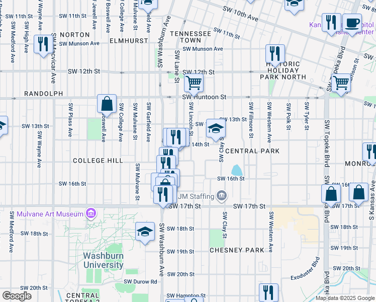 map of restaurants, bars, coffee shops, grocery stores, and more near 1411 Southwest Lincoln Street in Topeka