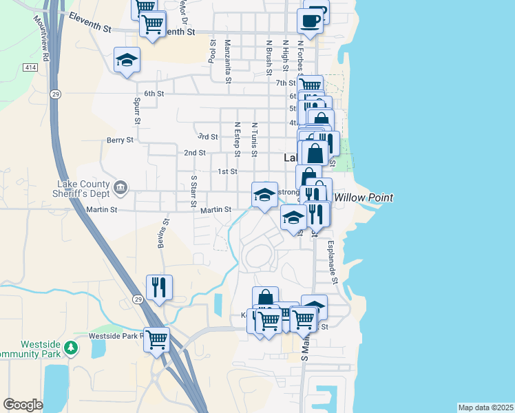 map of restaurants, bars, coffee shops, grocery stores, and more near 490 Martin Street in Lakeport