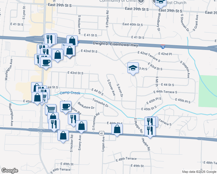 map of restaurants, bars, coffee shops, grocery stores, and more near 4320 South Dover Avenue in Independence