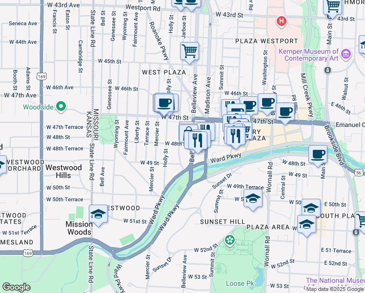 map of restaurants, bars, coffee shops, grocery stores, and more near 4804 Belleview Avenue in Kansas City