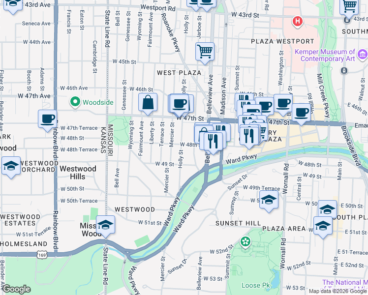 map of restaurants, bars, coffee shops, grocery stores, and more near 4805 Holly Street in Kansas City