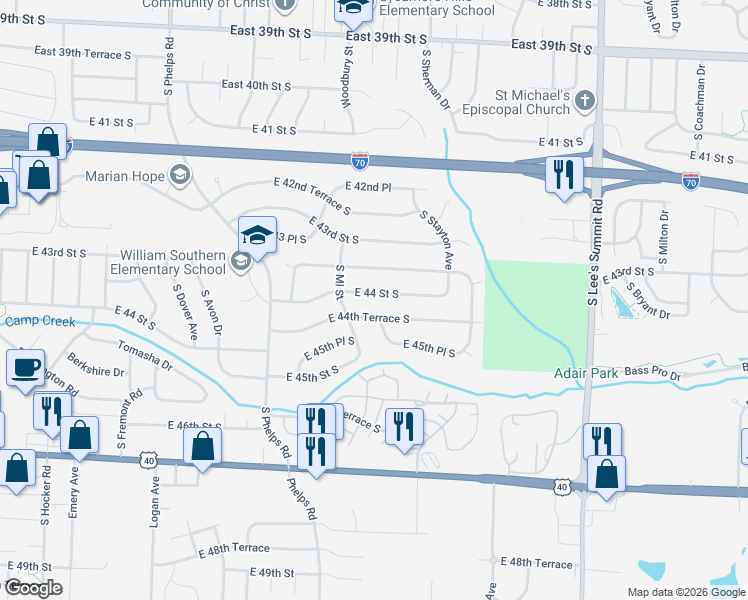 map of restaurants, bars, coffee shops, grocery stores, and more near 15603 East 44 Street South in Independence
