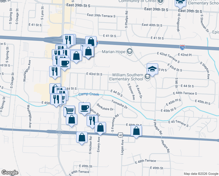 map of restaurants, bars, coffee shops, grocery stores, and more near 14600 East 44 Street South in Independence