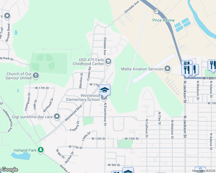 map of restaurants, bars, coffee shops, grocery stores, and more near 1034 West 17th Street in Junction City