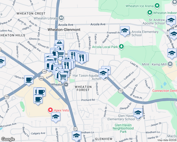 map of restaurants, bars, coffee shops, grocery stores, and more near 2052 University Boulevard West in Silver Spring