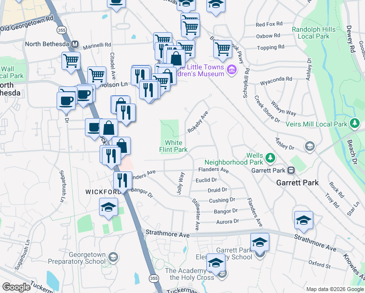 map of restaurants, bars, coffee shops, grocery stores, and more near 11218 Orleans Way in Kensington