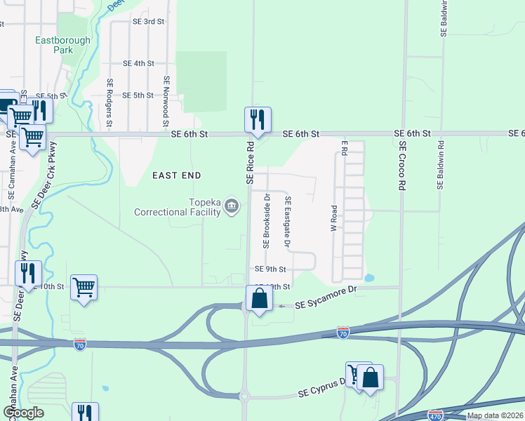 map of restaurants, bars, coffee shops, grocery stores, and more near 825 Southeast Brookside Drive in Topeka