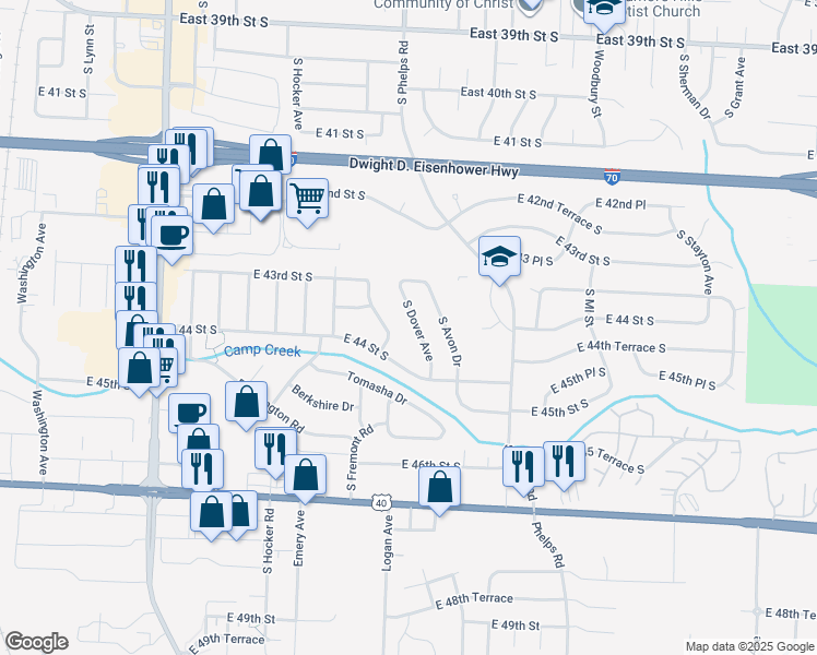 map of restaurants, bars, coffee shops, grocery stores, and more near 4320 South Dover Avenue in Independence