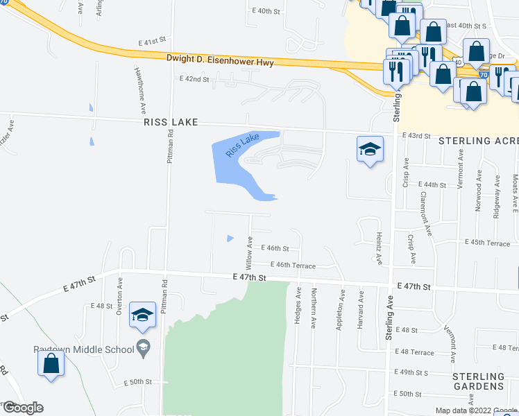 map of restaurants, bars, coffee shops, grocery stores, and more near 10512 East 45th Terrace in Kansas City