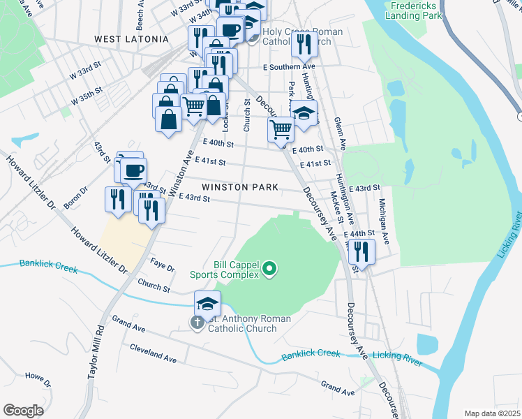 map of restaurants, bars, coffee shops, grocery stores, and more near 125 East 43rd Street in Covington