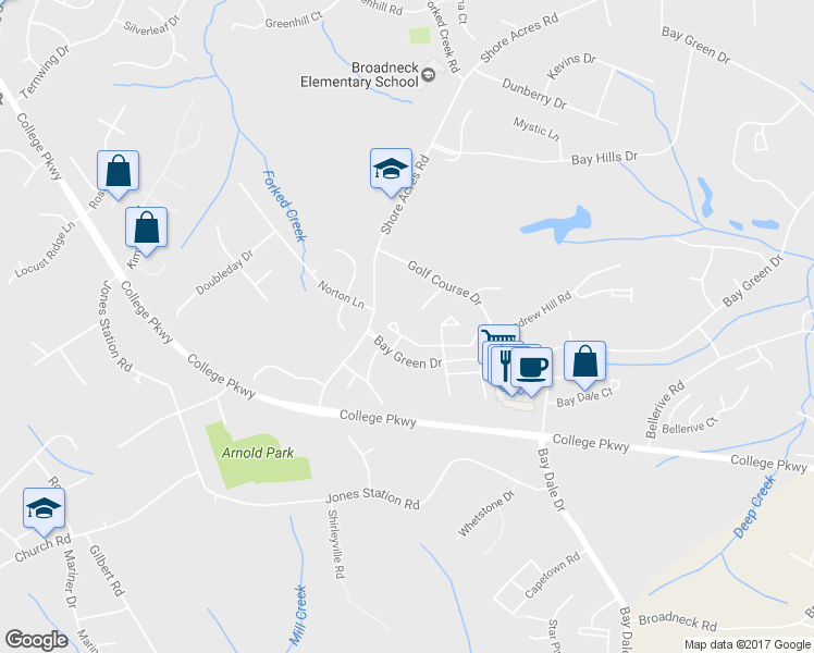 map of restaurants, bars, coffee shops, grocery stores, and more near 426 Colonial Ridge Lane in Arnold