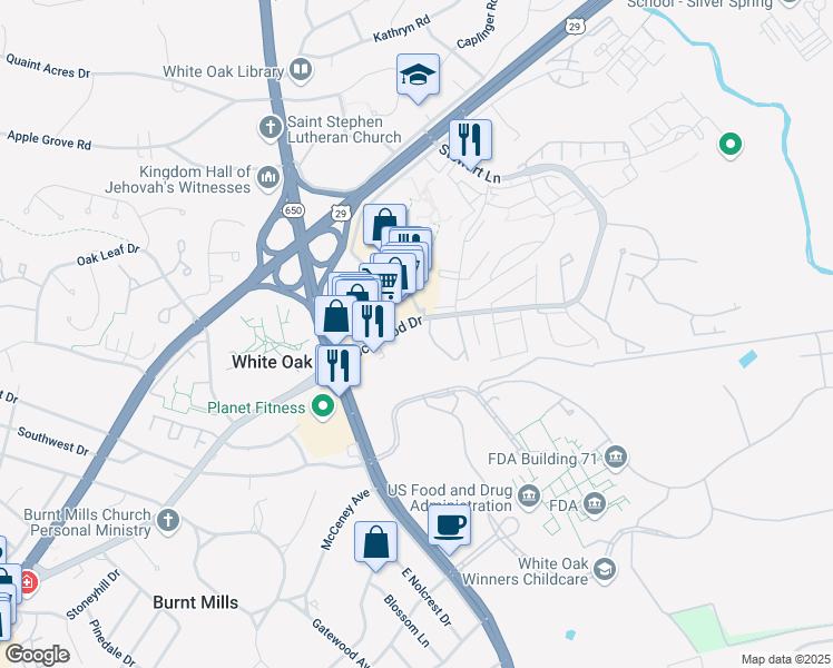 map of restaurants, bars, coffee shops, grocery stores, and more near 11417 Lockwood Drive in Silver Spring