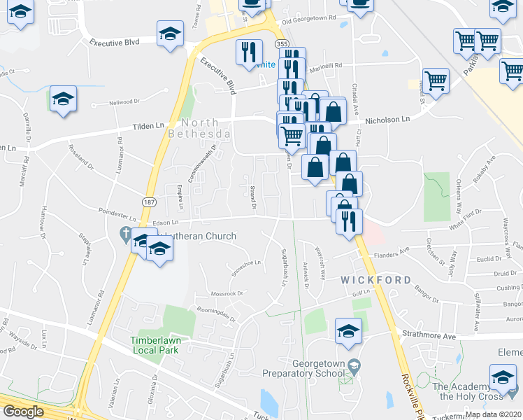 map of restaurants, bars, coffee shops, grocery stores, and more near 11302 Hollowstone Drive in Rockville