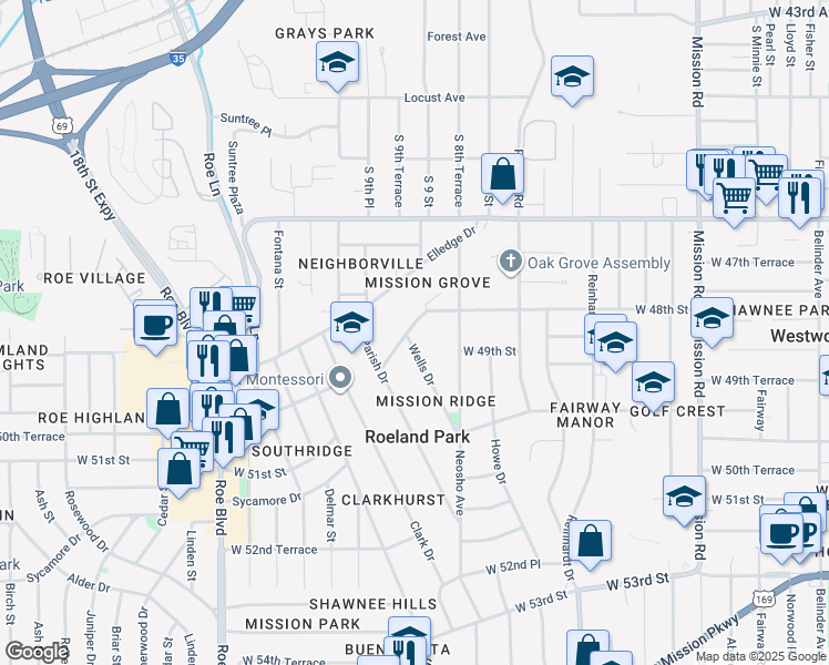 map of restaurants, bars, coffee shops, grocery stores, and more near 4911 Wells Drive in Roeland Park