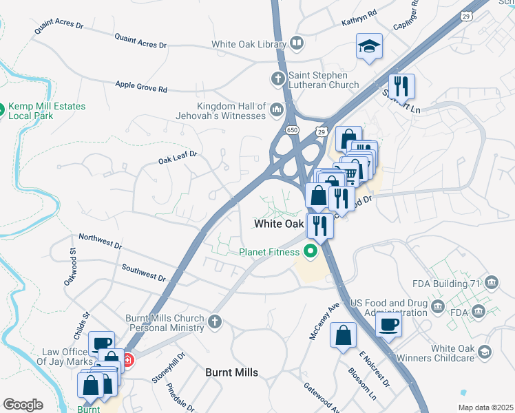 map of restaurants, bars, coffee shops, grocery stores, and more near 11225 Oak Leaf Drive in Silver Spring