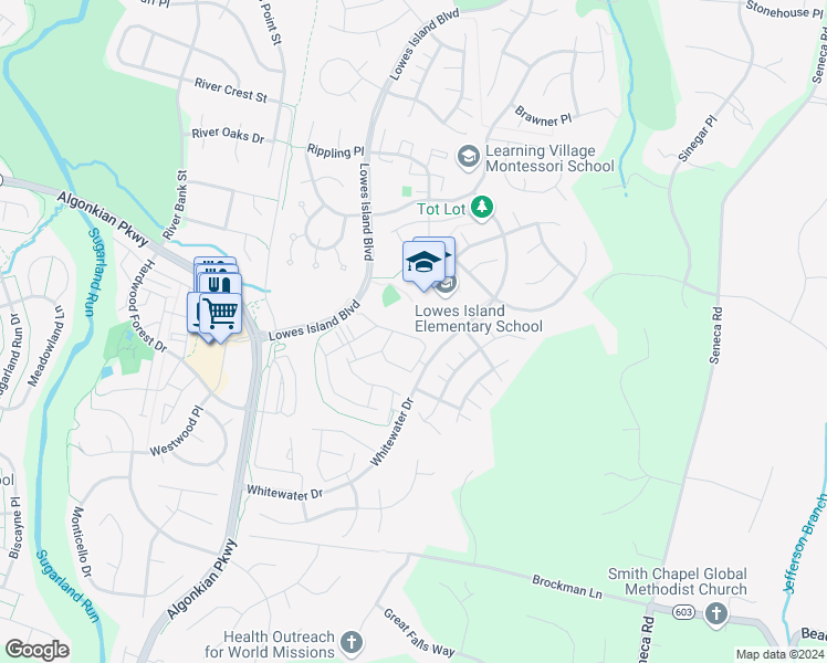 map of restaurants, bars, coffee shops, grocery stores, and more near 47626 Sandbank Square in Sterling