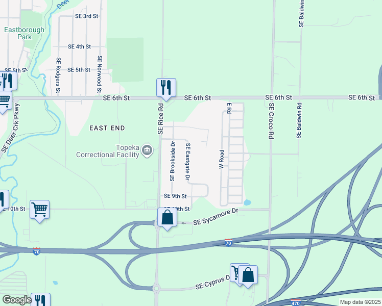 map of restaurants, bars, coffee shops, grocery stores, and more near 822 Southeast Eastgate Drive in Topeka