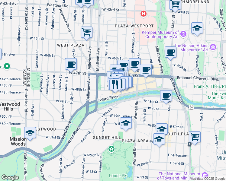map of restaurants, bars, coffee shops, grocery stores, and more near 601 West 48th Street in Kansas City