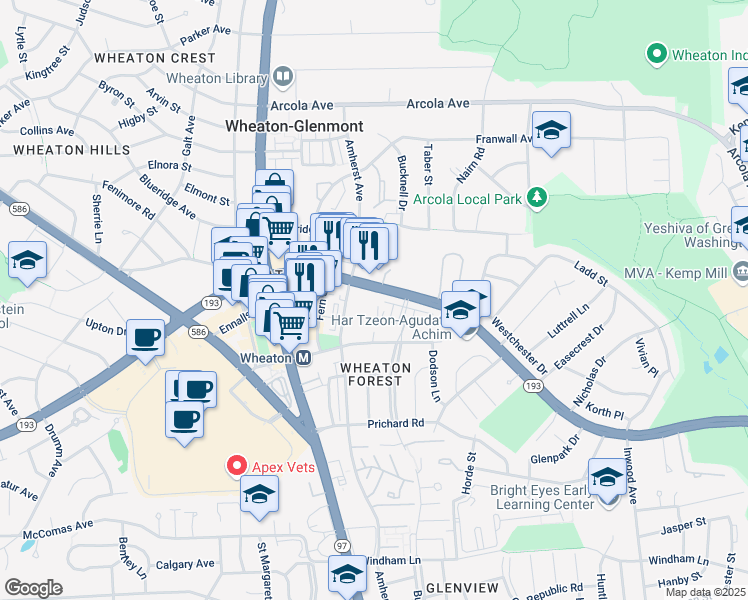 map of restaurants, bars, coffee shops, grocery stores, and more near 2100 University Boulevard West in Silver Spring
