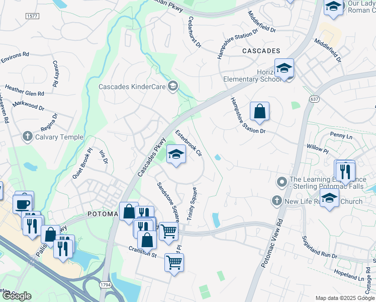 map of restaurants, bars, coffee shops, grocery stores, and more near 20781 Eskridge Court in Sterling