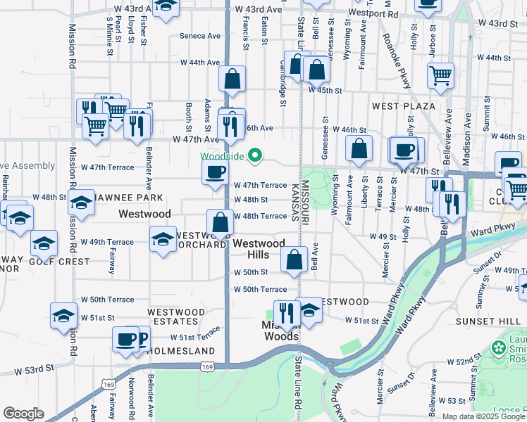 map of restaurants, bars, coffee shops, grocery stores, and more near 2100 West 48th Terrace in Westwood Hills