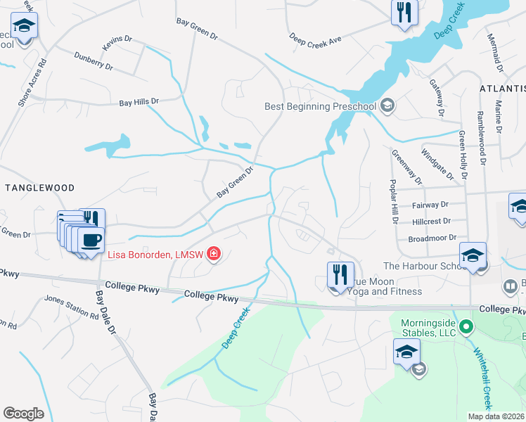map of restaurants, bars, coffee shops, grocery stores, and more near 1272 Seminole Drive in Arnold