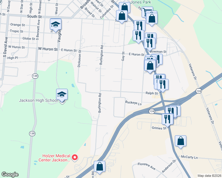 map of restaurants, bars, coffee shops, grocery stores, and more near 242 Ralph Street in Jackson