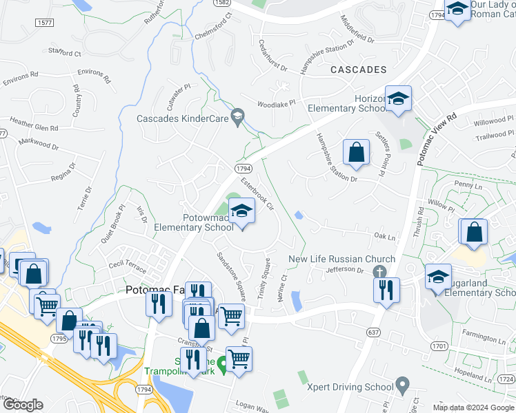 map of restaurants, bars, coffee shops, grocery stores, and more near 20781 Eskridge Court in Sterling