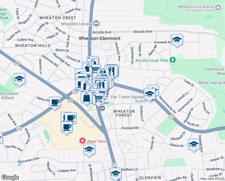 map of restaurants, bars, coffee shops, grocery stores, and more near 11340 Amherst Avenue in Silver Spring
