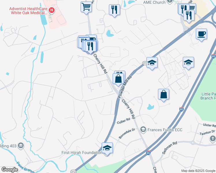 map of restaurants, bars, coffee shops, grocery stores, and more near 11200 Cherry Hill Road in Beltsville