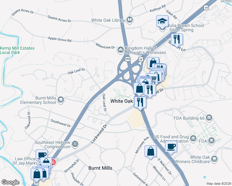 map of restaurants, bars, coffee shops, grocery stores, and more near 11225 Oak Leaf Drive in Silver Spring