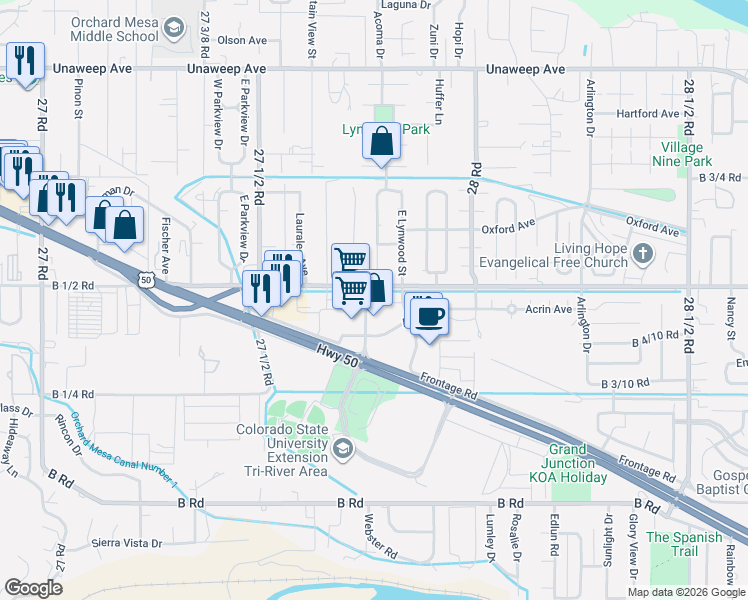 map of restaurants, bars, coffee shops, grocery stores, and more near 2776 Acrin Avenue in Grand Junction