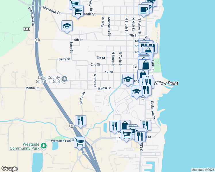 map of restaurants, bars, coffee shops, grocery stores, and more near 606 Martin Street in Lakeport