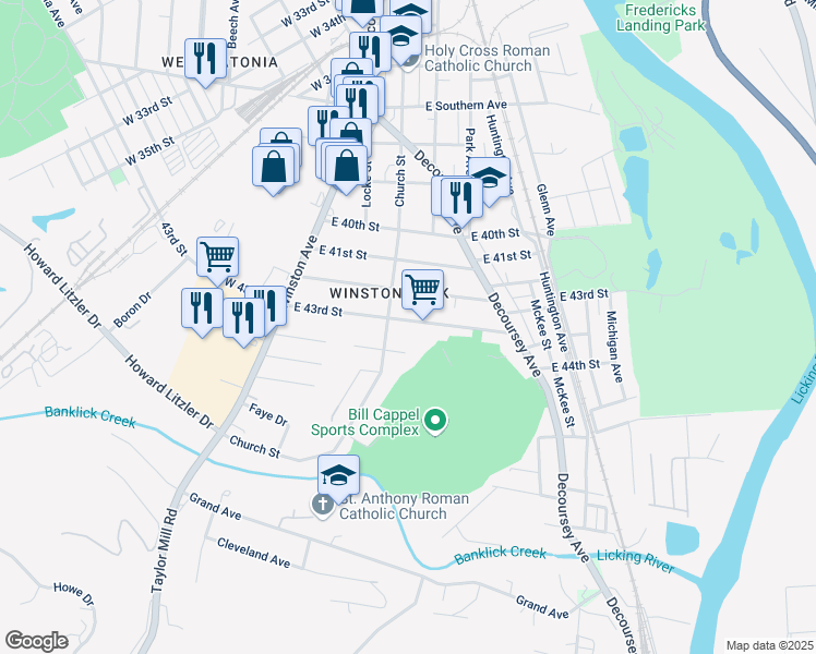 map of restaurants, bars, coffee shops, grocery stores, and more near 125 East 43rd Street in Covington