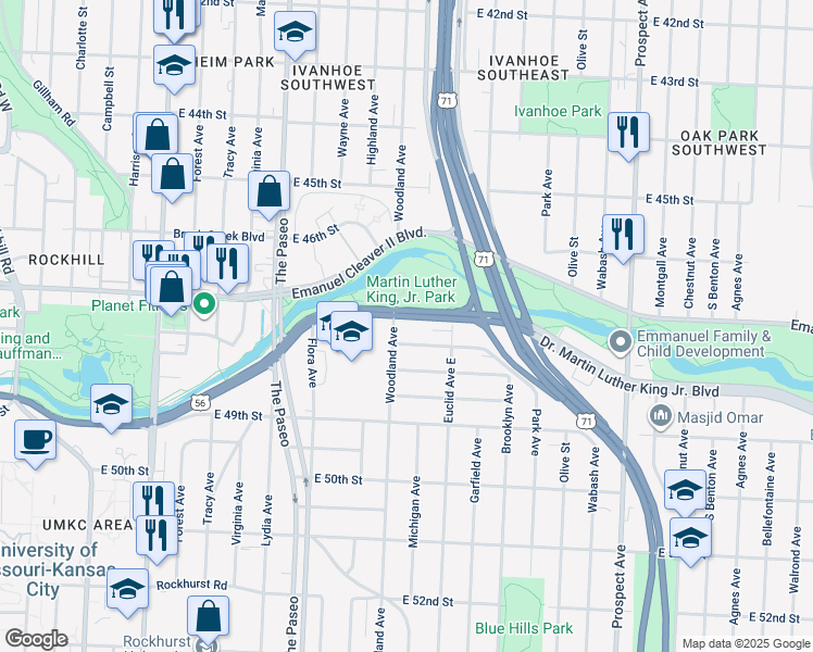 map of restaurants, bars, coffee shops, grocery stores, and more near 1812 East 47th Terrace in Kansas City