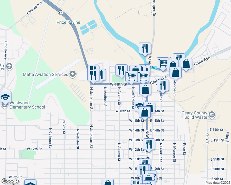 map of restaurants, bars, coffee shops, grocery stores, and more near 317 West Home Street in Junction City