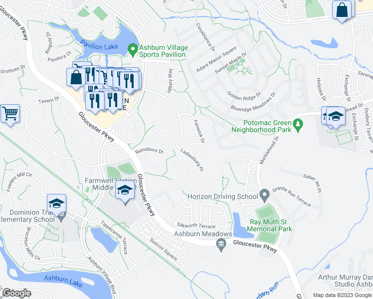 map of restaurants, bars, coffee shops, grocery stores, and more near 44298 Ladiesburg Place in Ashburn