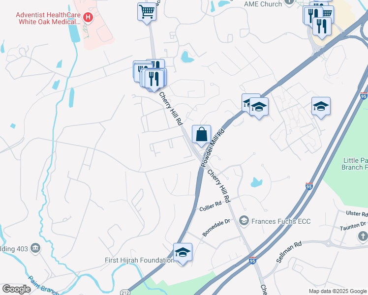 map of restaurants, bars, coffee shops, grocery stores, and more near 11200 Cherry Hill Road in Beltsville