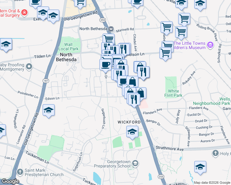 map of restaurants, bars, coffee shops, grocery stores, and more near 11215 Edson Park Place in North Bethesda
